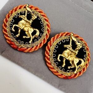 Vintage Gold Knight Warrior Cavalier Horse Earrings Handmade Red Rope OOAK 1115
